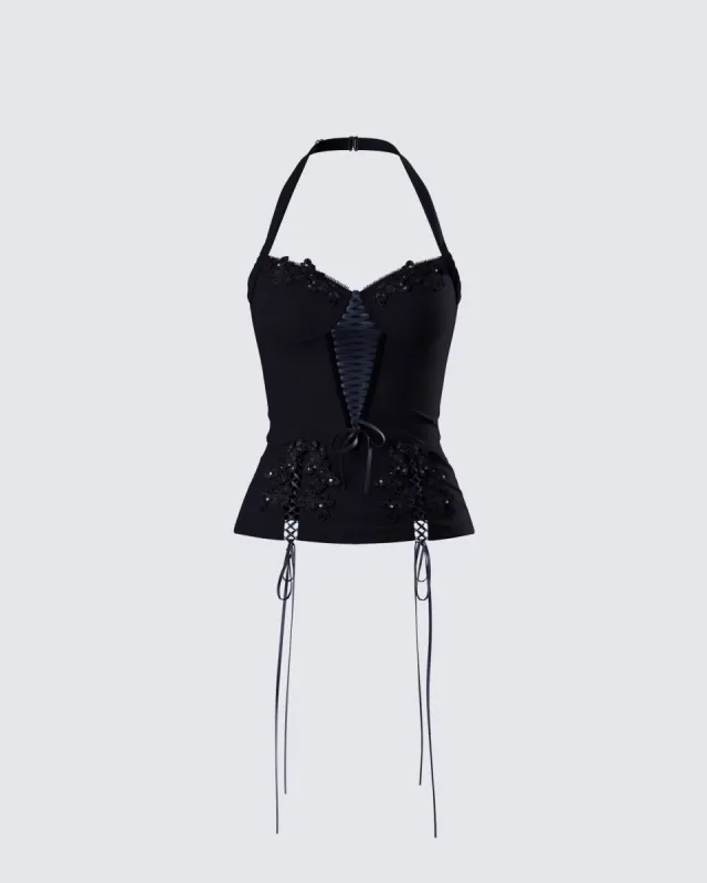 Yelina Black Halter Lace Up Top sold by Finesse