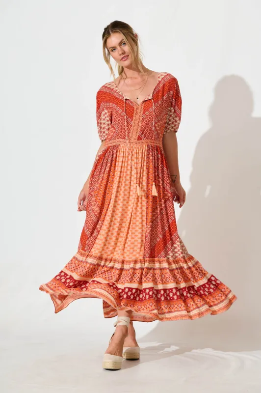 Minara Maxi Dress in Multi Orange Patchwork sold by St Frock