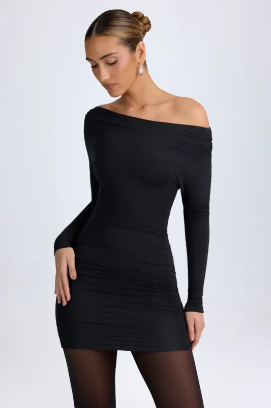 Modal Off-Shoulder Ruched Mini Dress in Black sold by Oh Polly