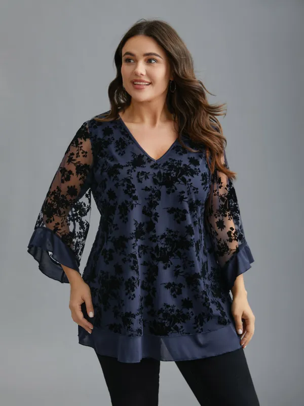 Floral Flocking Mesh Asymmetrical Hem Blouse sold by Bloomchic