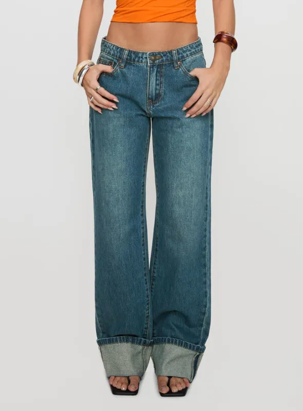 Toros Mid Rise Wide Leg Foldover Denim Jeans Mid Blue sold by Princess Polly