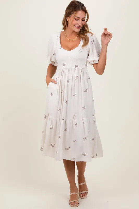 Cream Ribbon Print Smocked Midi Dress sold by Pinkblush