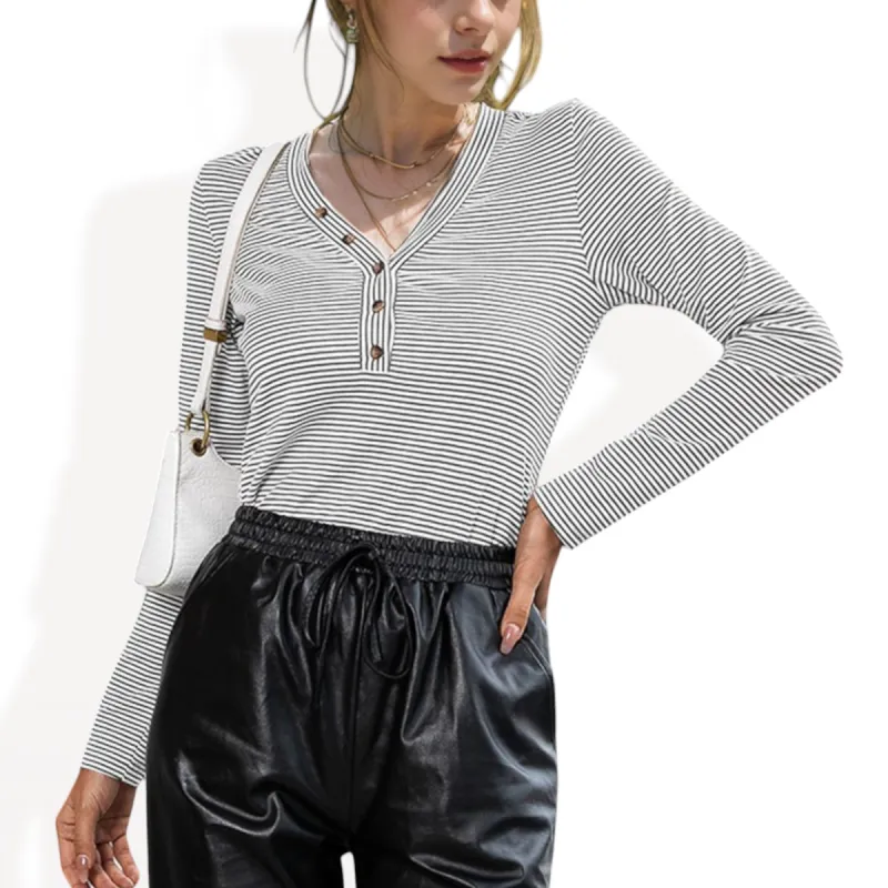 Anna-Kaci Women's Striped Long Sleeve V-Neck Henley Top with Button Detail sold by Anna-Kaci