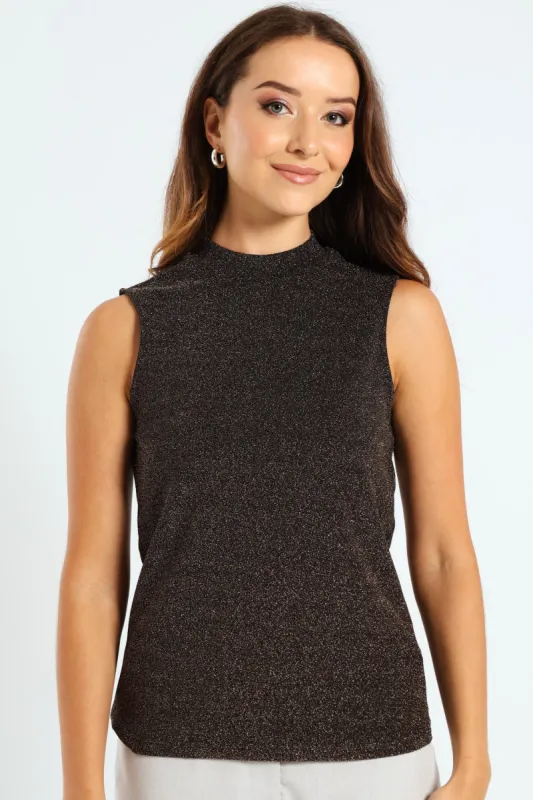 Sleeveless Hi-Neck Shimmer Tank - Black/Gold sold by Edgars