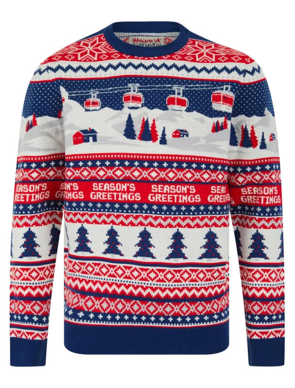 Men's Cable Car Jacquard Nordic Fair Isle Christmas Jumper in Sapphire Blue - Merry Christmas sold by Tokyo Laundry