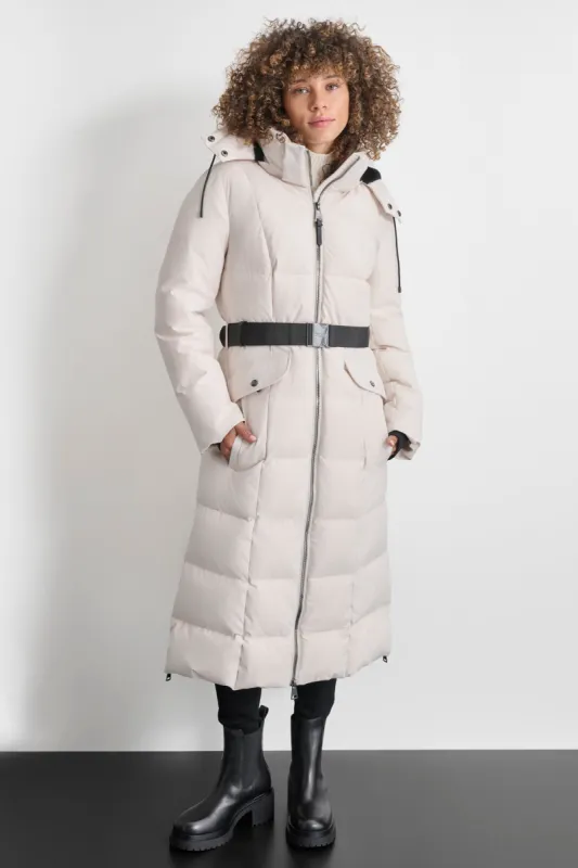 BOX QUILT LONG PUFFER WITH BELT sold by DKNY