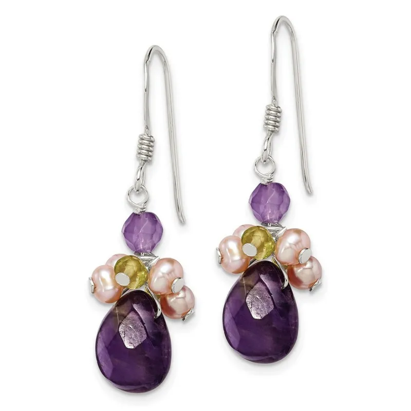 Curata 925 Sterling Silver Amethyst Peridot Chips Freshwater Cultured Peach Pearl Earrings - 37x9mm sold by Zulily
