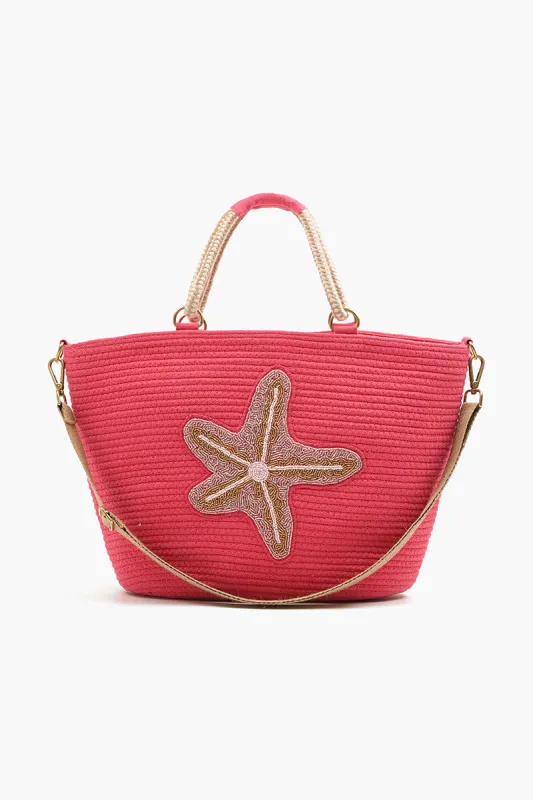 Embellished Jute Tote with Crossbody Strap-Pink Starfish sold by America & Beyond