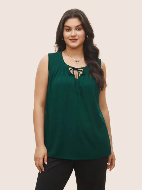 Plain Tie Neck Plicated Detail Tank Top sold by Bloomchic