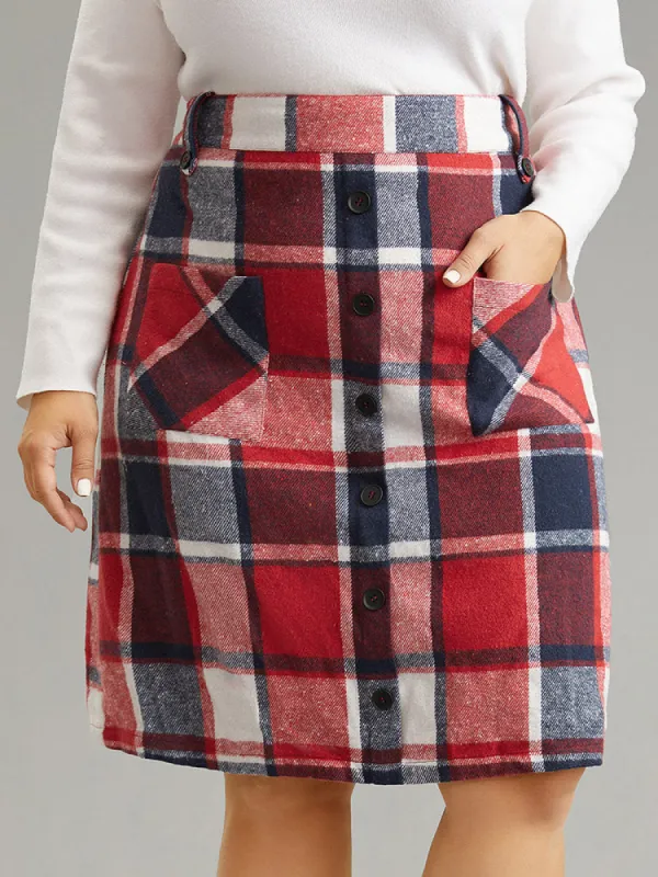 Plaid Button Detail Patched Pocket Skirt sold by Bloomchic