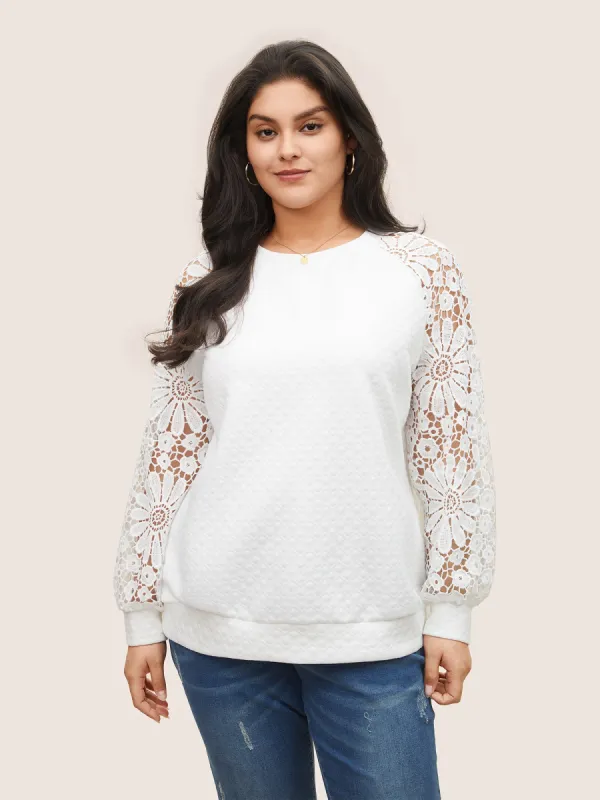 Eyelet Lace Raglan Sleeve Plisse Sweatshirt sold by Bloomchic