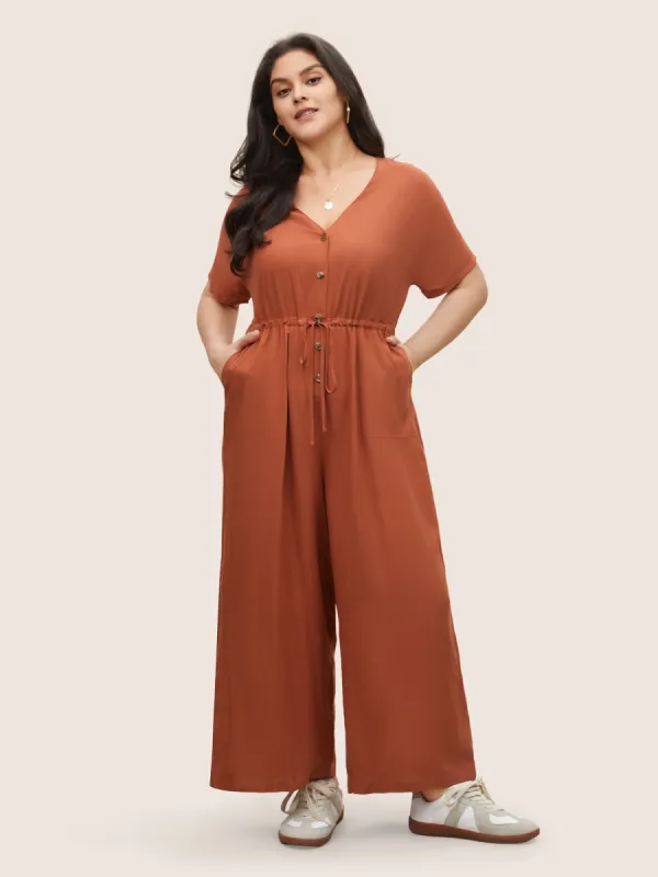 Plain Button Up Drawstring Gathered Pocket Jumpsuit sold by Bloomchic