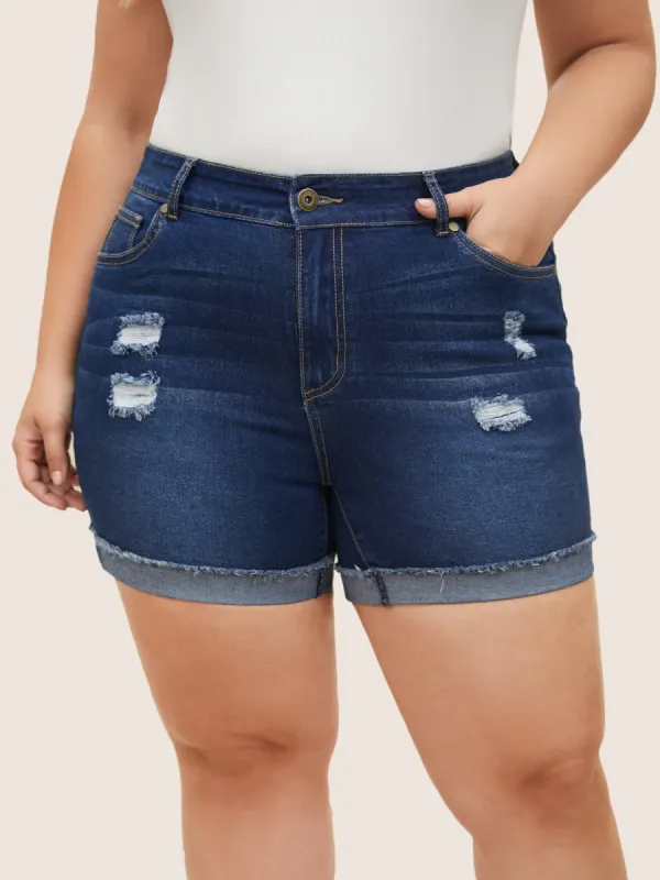 Distressed Dark Wash Roll Hem Denim Shorts sold by Bloomchic