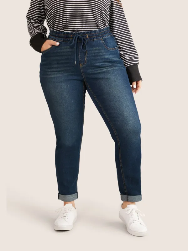Drawstring Elastic Waist Straight Leg Jeans sold by Bloomchic