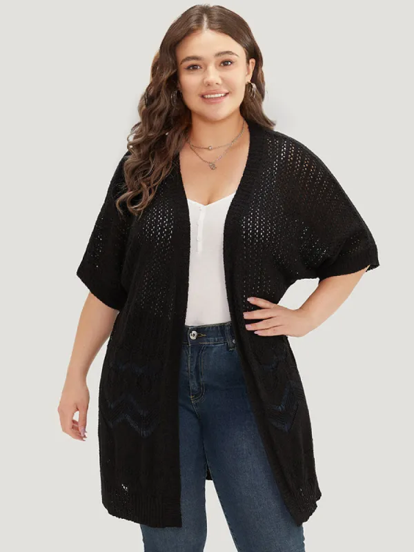 Plain Pointelle Knit Open Front Batwing Sleeve Cardigan sold by Bloomchic