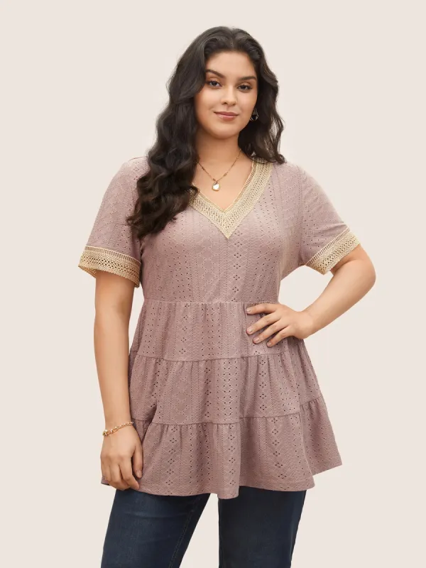 Texture Lace Patchwork Ruffle Layered Hem T-shirt sold by Bloomchic