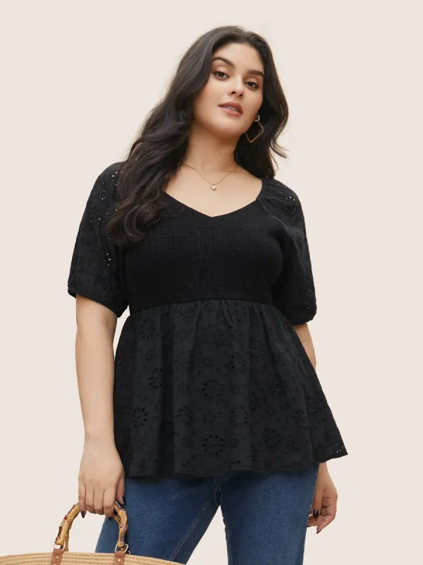 Broderie Anglaise Patchwork Lantern Sleeve Shirred Blouse sold by Bloomchic
