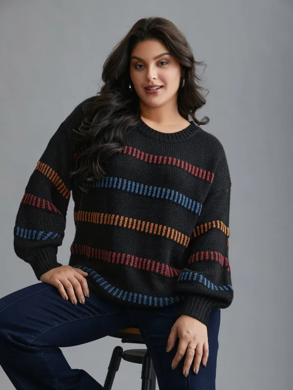 Multi-Color Stripes Textured Crew Neck Pullover sold by Bloomchic