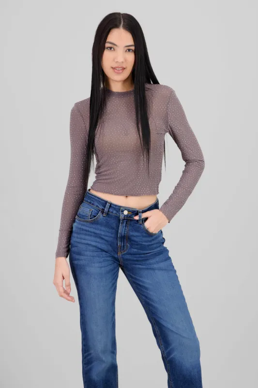 Top Mesh Manga Larga Brillos sold by Shasa