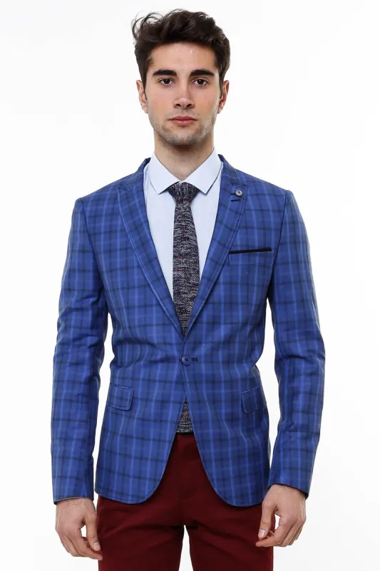 Single Button Pointed Collar Plaid Navy Blue Jacket-Wessi sold by Wessi
