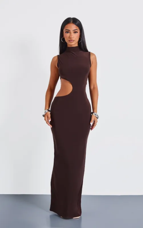 Petite Chocolate Bodycon Slinky Cut Out Maxi Dress sold by Pretty Little Thing