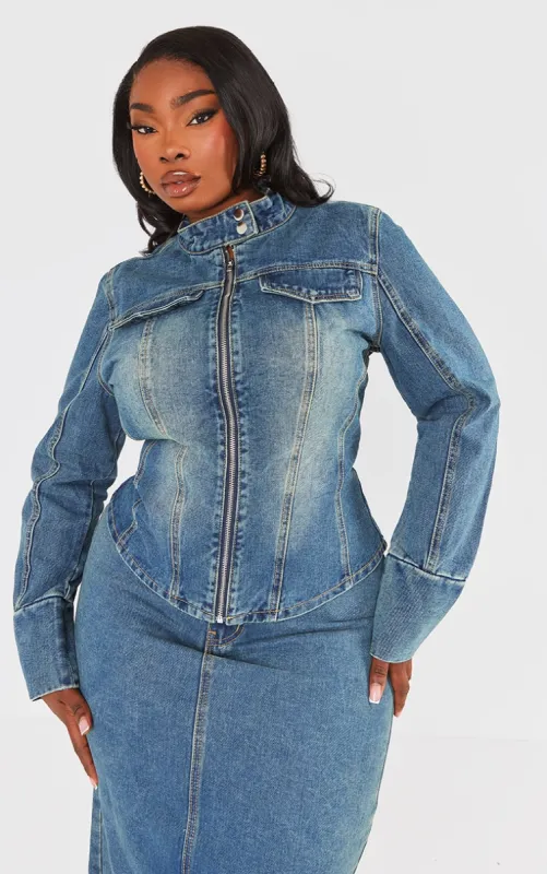 Plus Vintage Wash Zip Up Fitted Denim Jacket sold by Pretty Little Thing