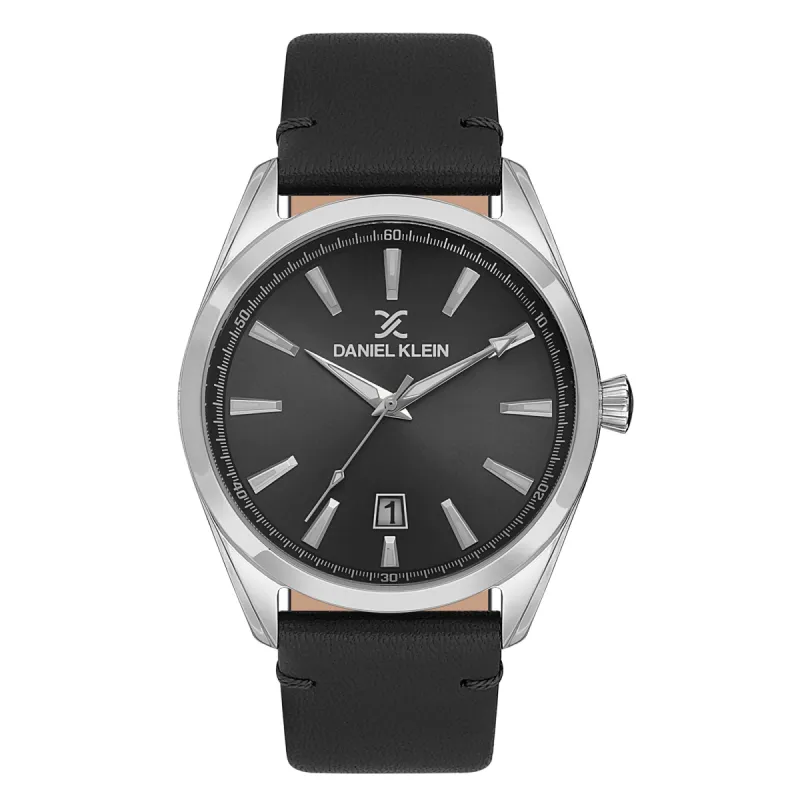 Gents Silver Case &  Black Dial Watch With Black Leather Strap sold by Edgars