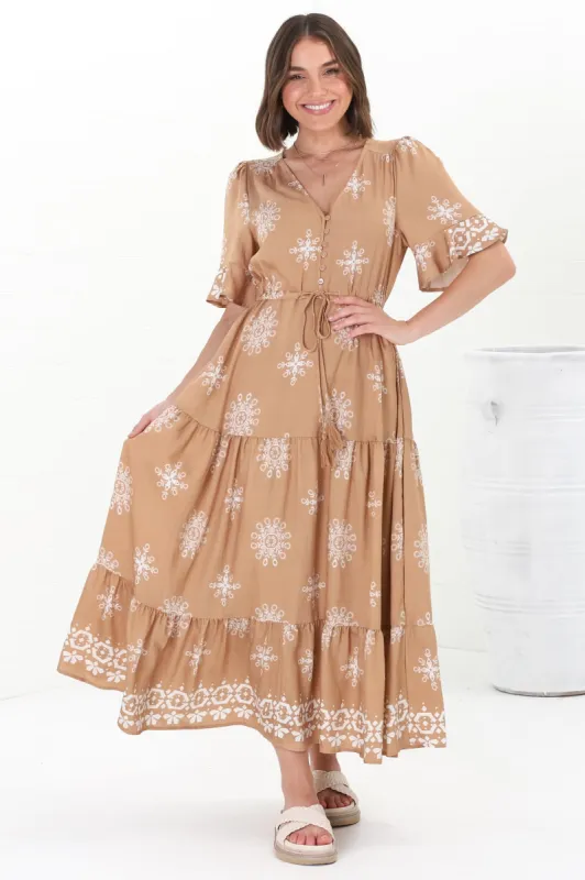 Kama Maxi Dress - Buttoned Bodice Pull Waist A Line Dress in Feba Print Latte sold by Salty Crush