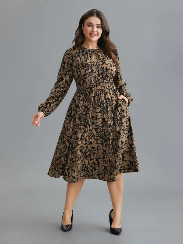 Floral Mock Neck Ruffles Pleated Waist Dress sold by Bloomchic
