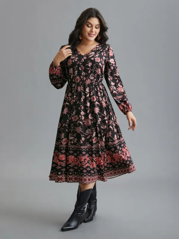 Floral Elastic Waist V-Neck Midi Dress sold by Bloomchic