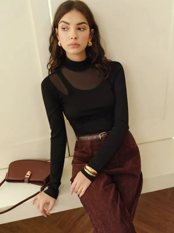 Stand Collar Sheer Jersey Top sold by COMMENSE