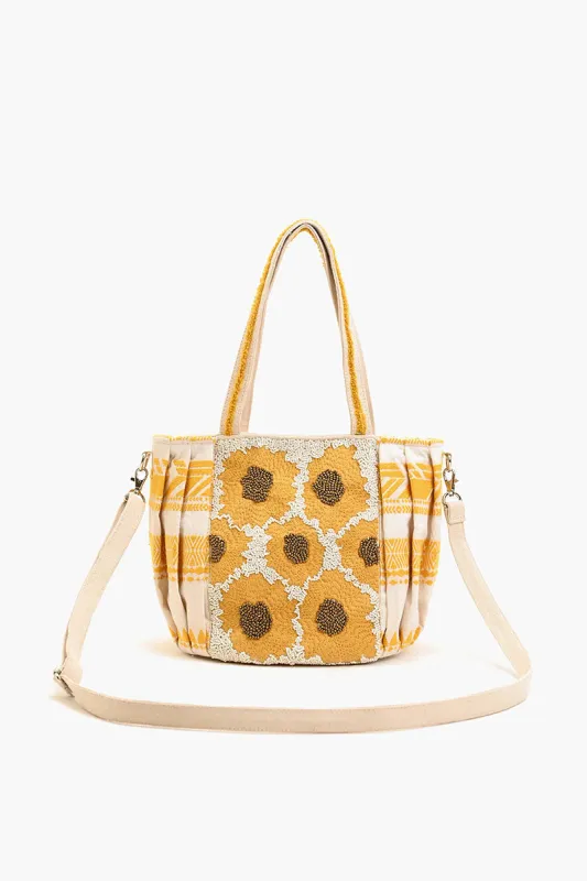 Beaded Ruched Tote with Crossbody Strap-Sunflower sold by America & Beyond