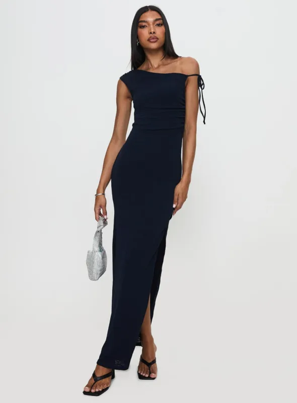 Paislee Asymmetrical Maxi Dress Navy sold by Princess Polly