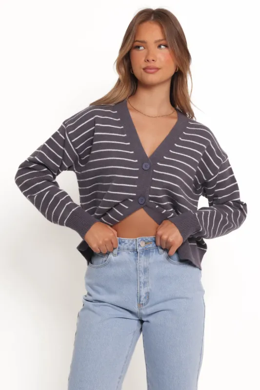 Zammy Lurex Strip Button Front Cardigan - Grey sold by Petal & Pup