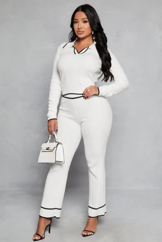 Ribbed Knit Contrast Trim Straight Leg Pants sold by Rainbow