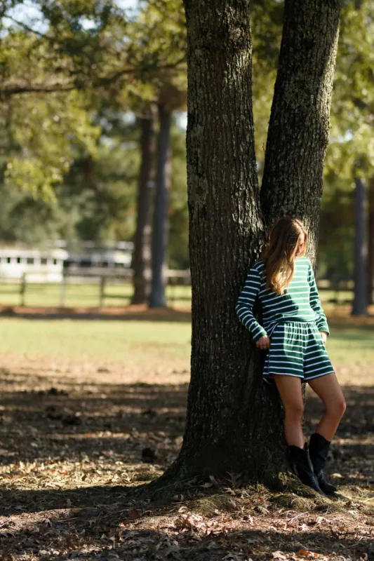 Perfect Pima PJ Set - Green and White Stripe sold by Darling Loungewear