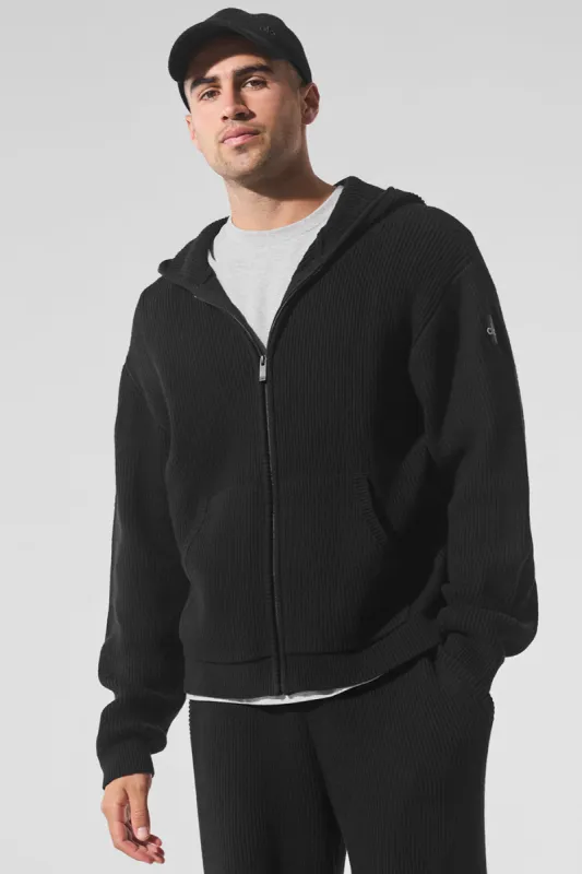Domain Rib Knit Full Zip Sweater - Black sold by Alo Yoga