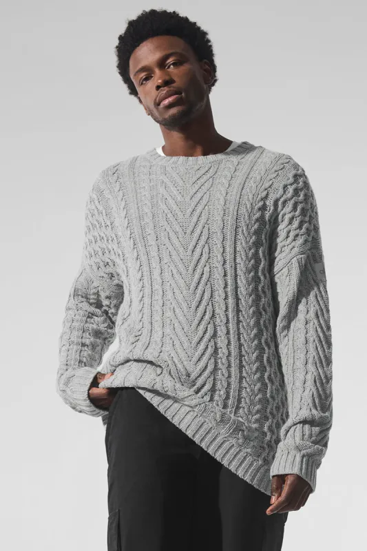 Cable Knit Crew Neck Sweater - Athletic Heather Grey sold by Alo Yoga