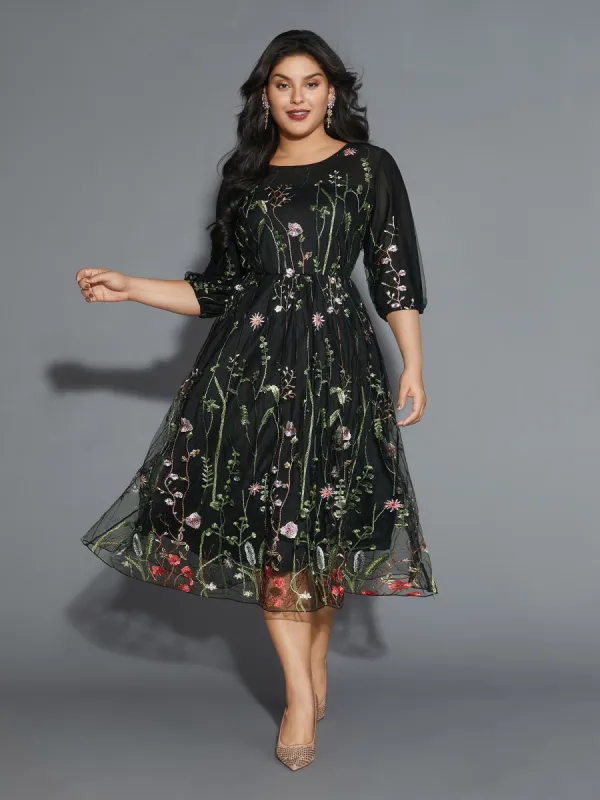 Floral Embroidered Elastic Waist Lined Midi Dress sold by Bloomchic