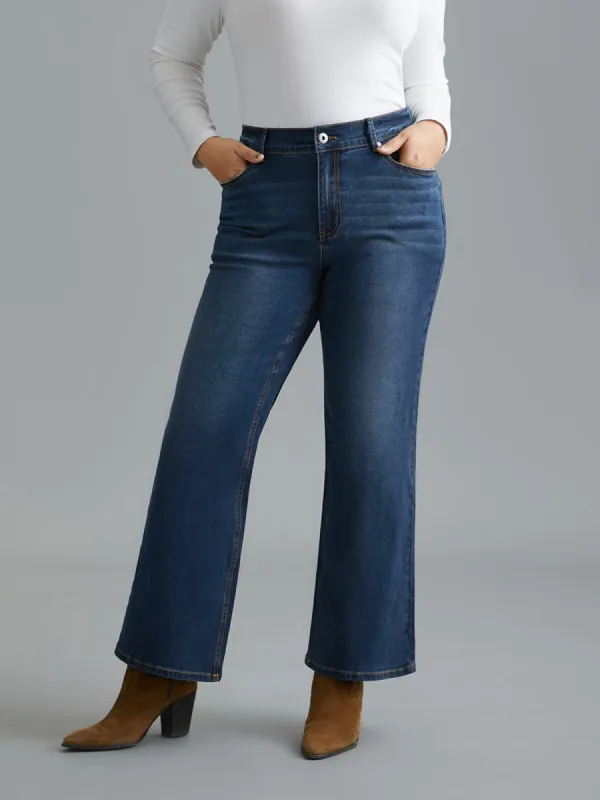 Dark Wash Elastic Waist Flared Mid Rise Jeans sold by Bloomchic