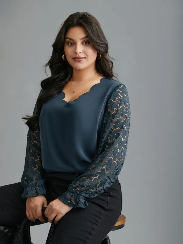 Sheer Floral Sleeve Scalloped Neck Shirt sold by Bloomchic