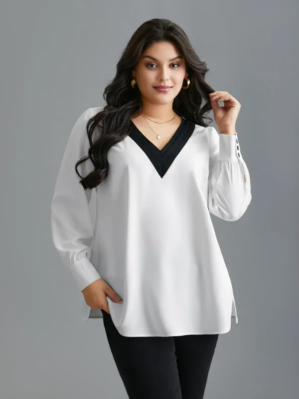 V-Neck Patchwork Contrast Blouse sold by Bloomchic
