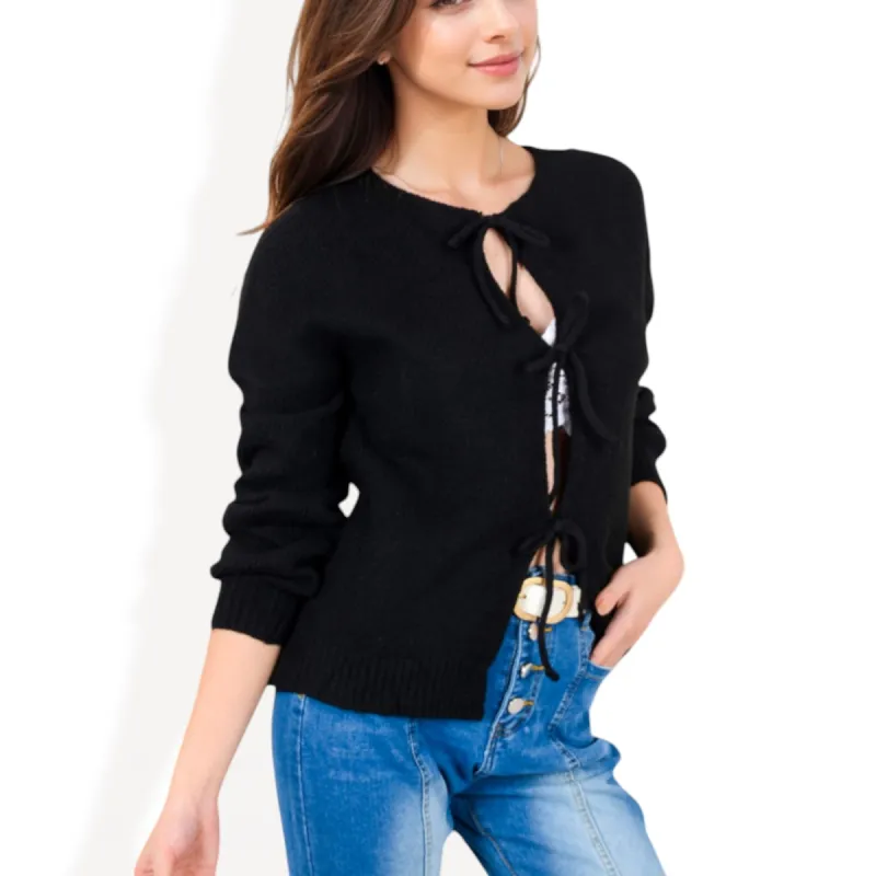 Anna-Kaci Women's Tie Front Knit Cardigan with Long Sleeves and Open Front Design sold by Anna-Kaci