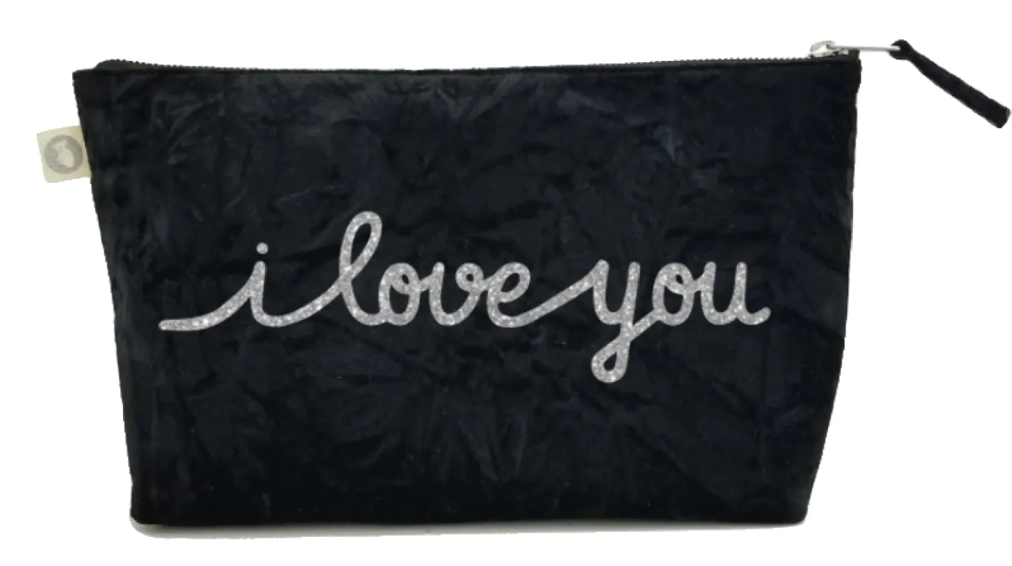 I Love You Collection: Clutch in Black Crushed Velvet with Silver Glitter sold by Quilted Koala