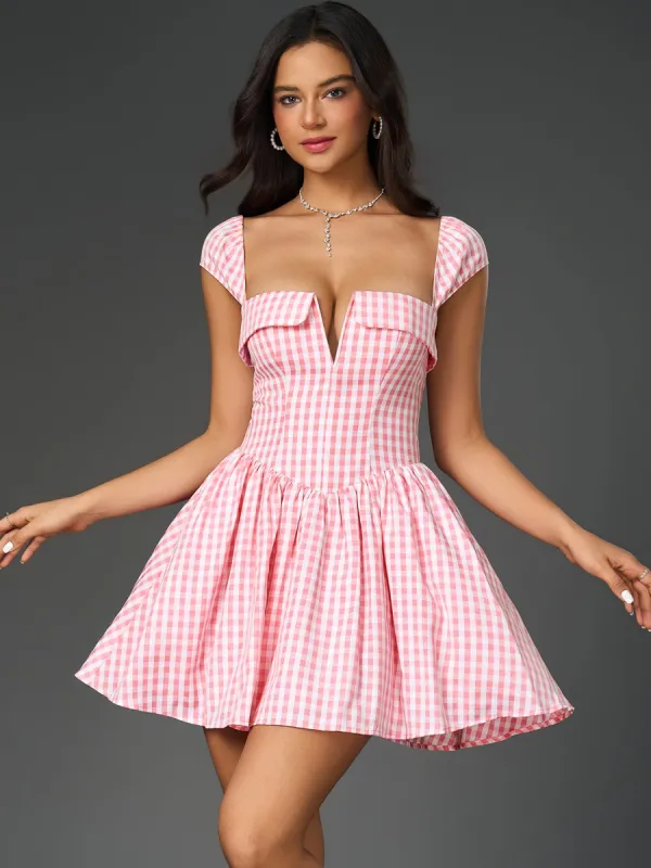 Fly Sleeve V-Neck Plaid Print Mini Dress sold by Parthea Fashion