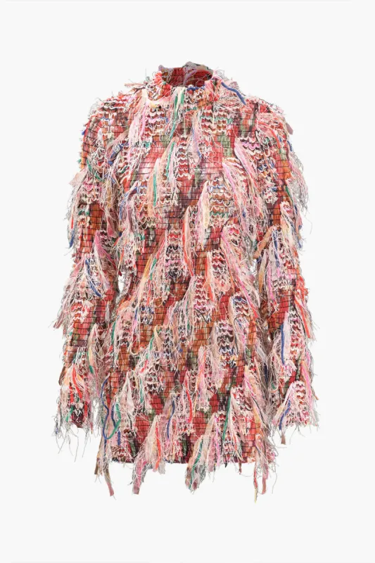 Fringe Long Sleeve Mesh Mini Dress sold by Micas
