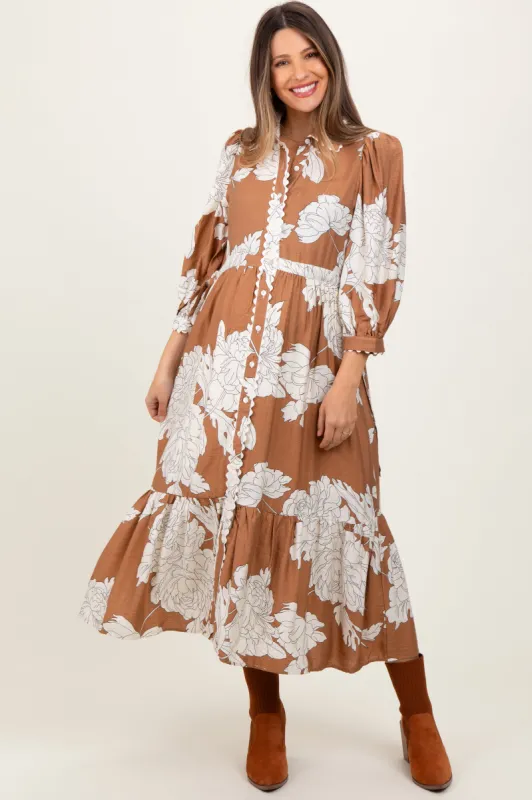 Camel Floral Print Cinched Tie Waist Maternity Shirt Dress sold by Pinkblush