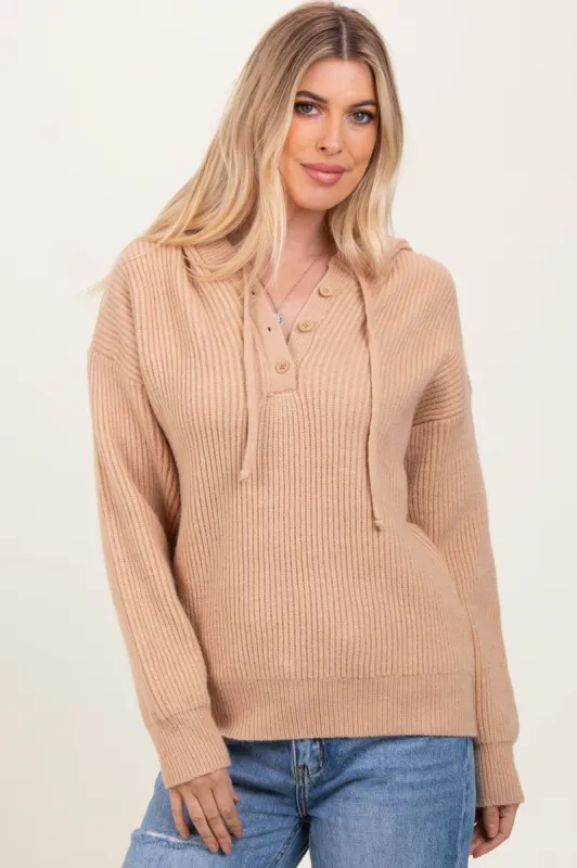 Beige Ribbed Knit Button Front Hooded Sweater sold by Pinkblush