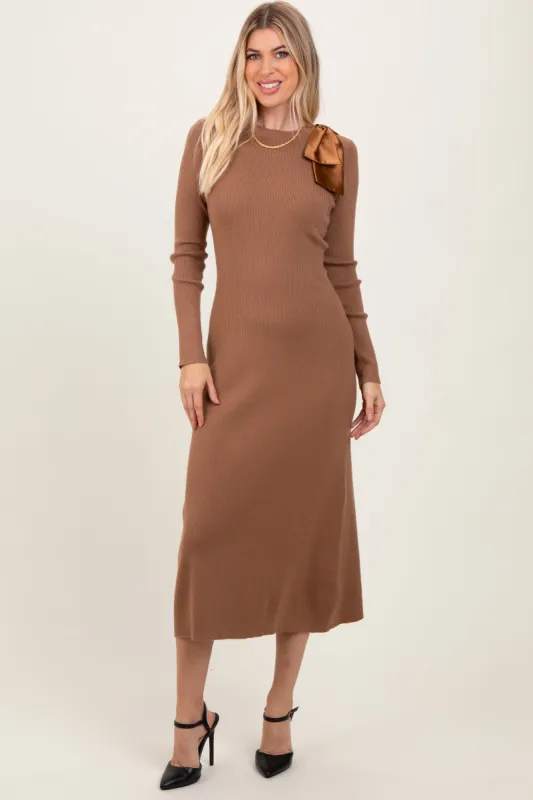Mocha Shoulder Bow Detail Midi Knit Dress sold by Pinkblush