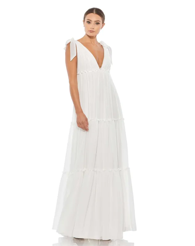White Tiered V-Neck Plunging Maxi Dress sold by Mac Duggal